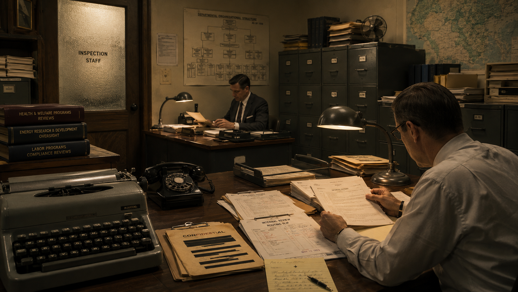 Mid-century administrative inspection office with files, review forms, and inspection staff.