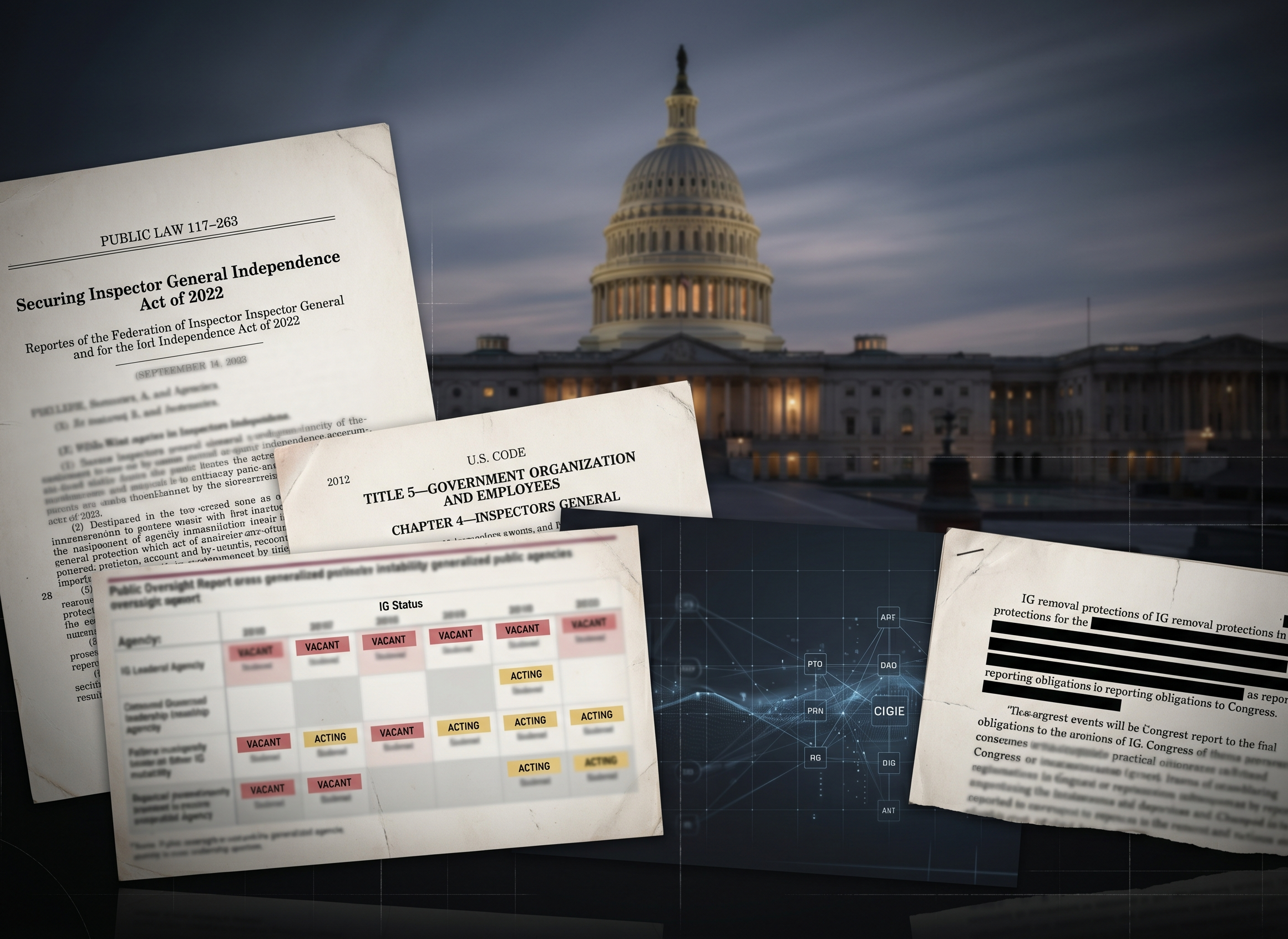 Collage of inspector general independence documents, vacancy tracking, federal oversight networks, and the U.S. Capitol representing modern independence pressures.