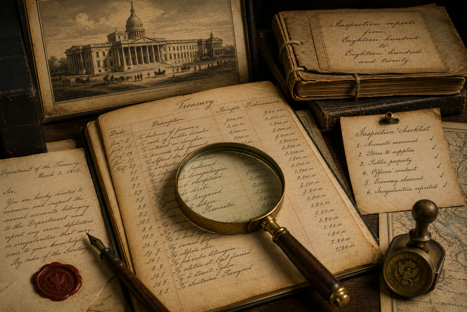 Historic inspection ledgers, letters, and a magnifying glass representing pre-OIG oversight practices.